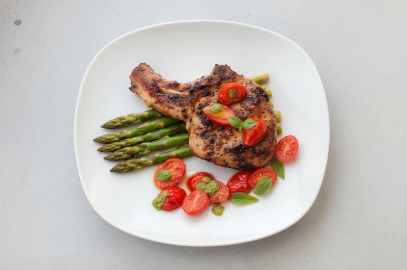 Keto Grilled Pork Chops With Asparagus And Pesto